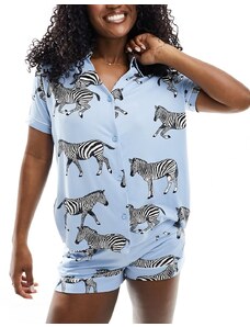 Chelsea Peers - Pigiama con pantaloncini e maglietta con scollo a V in poliestere blu con stampa di zebre-Multicolore