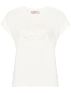 TWINSET T-shirt bianca logo ricamo in pizzo