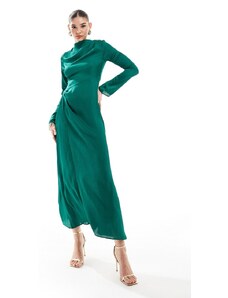 ASOS DESIGN - Vestito lungo accollato in raso verde smeraldo