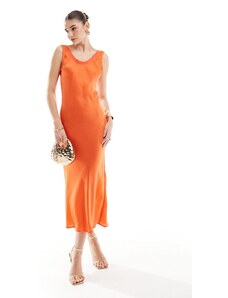 ASOS DESIGN - Vestito sottoveste midi arancione con scollo a coste e taglio sbieco