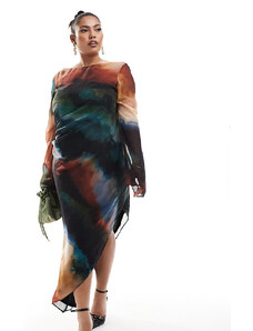 ASOS Curve ASOS DESIGN Curve - Vestito midi con scollo a barchetta e fondo asimmetrico in chiffon con stampa effetto marmo-Multicolore