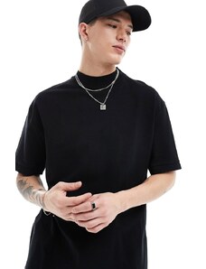 ASOS DESIGN - T-shirt vestibilità comoda in piqué nera con dettagli a coste-Nero