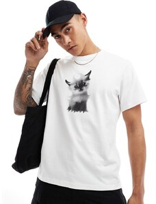 Weekday - Toby - T-shirt squadrata bianca con grafica di gattino-Bianco