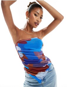 ASOS DESIGN - Top corsetto in rete arricciato con fondo asimmetrico e stampa-Multicolore
