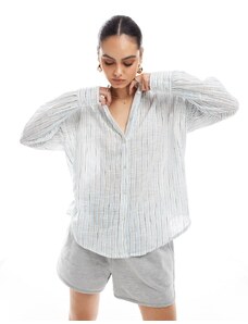Pull&Bear - Camicia oversize a maniche lunghe in lino blu a righe