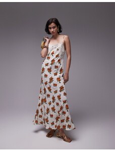 Topshop - Vestito sottoveste premium lungo bianco e arancione a fiori e in pizzo