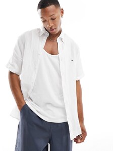 Tommy Hilfiger - Camicia regular fit in lino bianca tinta unita pigmentata-Bianco