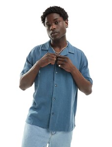 Abercrombie & Fitch - Camicia comoda a maniche corte blu medio in misto lino con colletto a rever