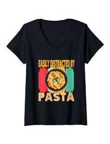 Retro Pasta Lover Easily Distracted By Noodles Tee Donna Facilmente distratto dalla pasta divertente Foodie italiano retrò Maglietta con Collo a V