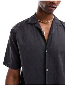 Pull&Bear - Camicia nera effetto lino con colletto a rever-Nero