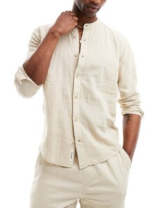 Pull&Bear - Camicia a maniche lunghe effetto lino color sabbia con scollo serafino-Neutro