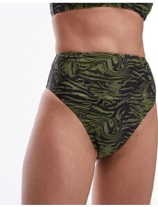 Topshop - Slip bikini sgambati a vita alta mix and match kaki con stampa astratta animalier-Verde