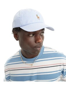 Polo Ralph Lauren - Cappello con visiera in seersucker a righe blu con logo a icona multicolore
