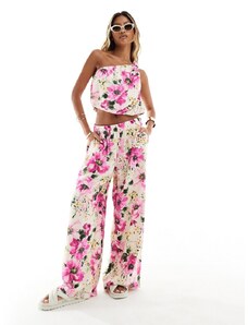 Abercrombie & Fitch - Pantaloni a fondo ampio stropicciati rosa a fiori in coordinato