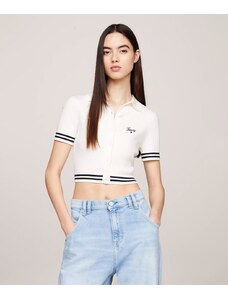 Tommy Jeans Polo Crop Slim Fit a costine con Logo Bianca Donna