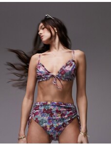 Topshop - Mix and Match - Top bikini a triangolo allacciato sul davanti con stampa floreale sfumata e volant-Multicolore