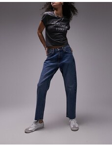 Topshop - Jeans dritti cropped con bordi grezzi a vita medio alta blu medio