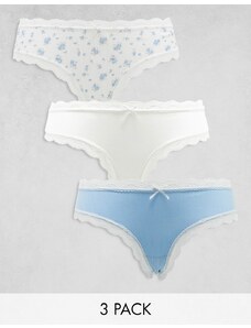 ASOS DESIGN - Confezione da 3 slip brasiliani blu e bianchi-Multicolore