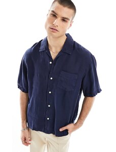 GANT - Camicia a maniche corte tinta in capo in lino blu navy con colletto a rever vestibilità comoda