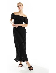 ASOS DESIGN - Vestito midi con busto stile milkmaid e scollo alla Bardot in chiffon testurizzato nero con cuciture