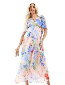 Hope & Ivy Maternity - Vestito lungo a portafoglio con volant blu e rosa a fiori