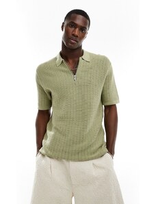 Only & Sons - Polo in maglia traforata verde salvia con zip corta