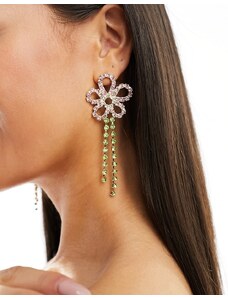 True Decadence - Orecchini pendenti oversize con design a forma di fiore e cristalli rosa e verdi-Multicolore