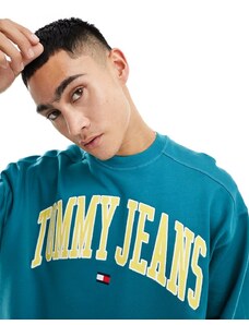 Tommy Jeans - Felpa girocollo verde-azzurro stile college unisex squadrata con logo vivace
