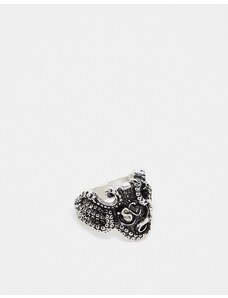 ASOS DESIGN - Anello color argento brunito con tentacolo e teschio