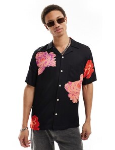 AllSaints - Roze - Camicia a maniche corte nera a fiori-Nero