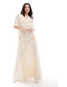 Hope & Ivy Bridal - Vestito lungo da sposa ricamato color crema con maniche a volant-Bianco