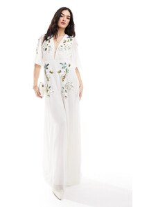 Hope & Ivy Bridal - Vestito lungo da sposa ricamato color avorio con maniche a volant-Bianco