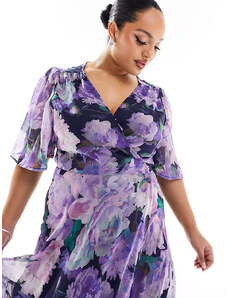 Hope & Ivy Plus - Vestito lungo a portafoglio viola a fiori con volant