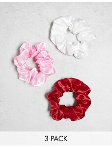 ASOS DESIGN - Confezione da 3 elastici per capelli in raso rosso, rosa e bianco-Multicolore