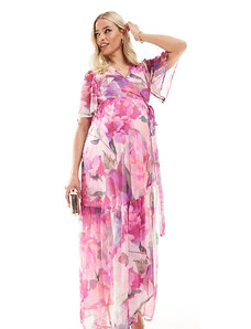 Hope & Ivy Maternity - Vestito lungo a portafoglio con volant a fiori rosa