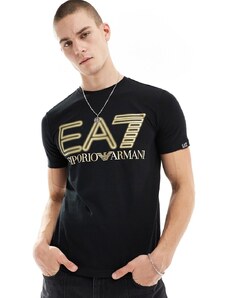 Armani - EA7 - T-shirt nera con logo grande dorato sul petto-Nero