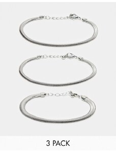 ASOS DESIGN - Set di 3 bracciali con catenina snake color argento