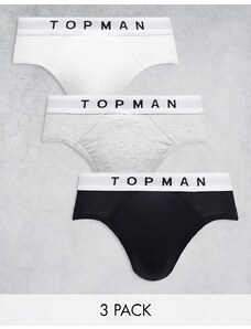 Topman - Confezione da 3 slip neri, bianchi e grigio mélange con fascia in vita bianca-Multicolore