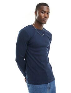 ASOS DESIGN - T-shirt attillata a maniche lunghe blu navy a coste