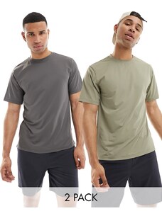 ASOS 4505 - Icon - Confezione da 2 T-shirt da allenamento ad asciugatura rapida antracite e kaki con logo-Multicolore