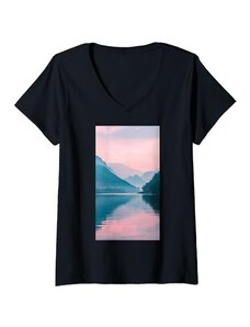 Tranquil nature Serene waterscape Donna Acquerello Paesaggio Fiume Montagna silhouette Maglietta con Collo a V