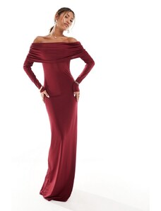 ASOS DESIGN - Vestito lungo color rosso vino con scollo alla Bardot ampio