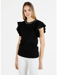 Monte Cervino T-shirt Da Donna Con Applicazioni Di Strass e Maniche a Volant Manica Corta Nero Taglia L/xl