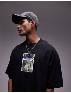 Topman - T-shirt super oversize nera con stampa fotografica di New York-Nero
