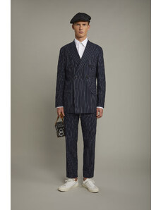 Doppelganger Pantalone classico uomo con doppia pince tessuto lino e cotone con disegno gessato regular fit