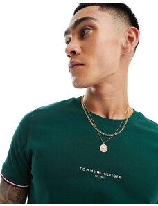Tommy Hilfiger - T-shirt verde cacciatore con logo e righe a contrasto sui bordi