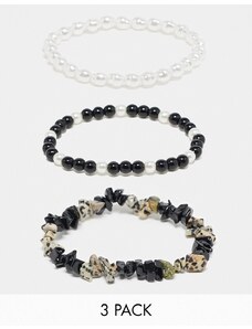 ASOS DESIGN - Confezione da 3 bracciali con perle sintetiche e pietre irregolari nere-Multicolore