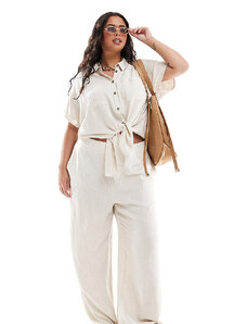 Pieces Plus Pieces Curve - Pantaloni a fondo ampio color crema in lino in coordinato-Bianco