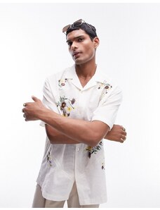 Topman - Camicia a maniche corte in plumetis bianca con ricami floreali-Neutro