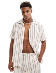 Selected Homme - Camicia testurizzata oversize bianco sporco a righe con colletto con rever in coordinato